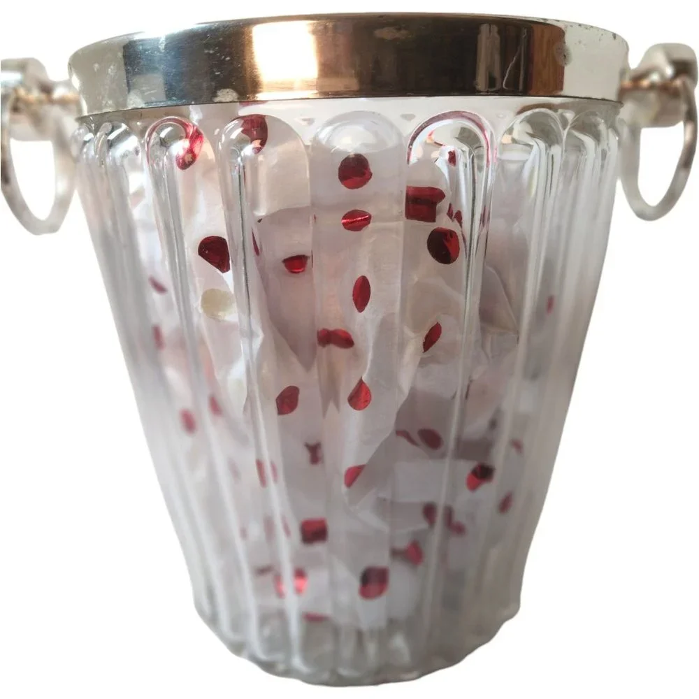 MCM Crystal Ice Bucket Ribbed Glass Silverplate Rim Ring Handles Champagne